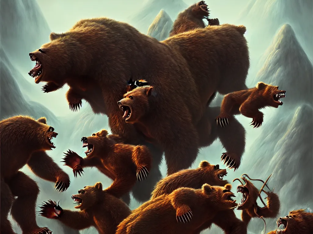 Prompt: highly detailed concept art of colossal bear fighting goblins in mountain, an ultrafine detailed painting, trending on deviantart, neo surrealism, sharp focus, octane, masterpiece, art by randy vargas