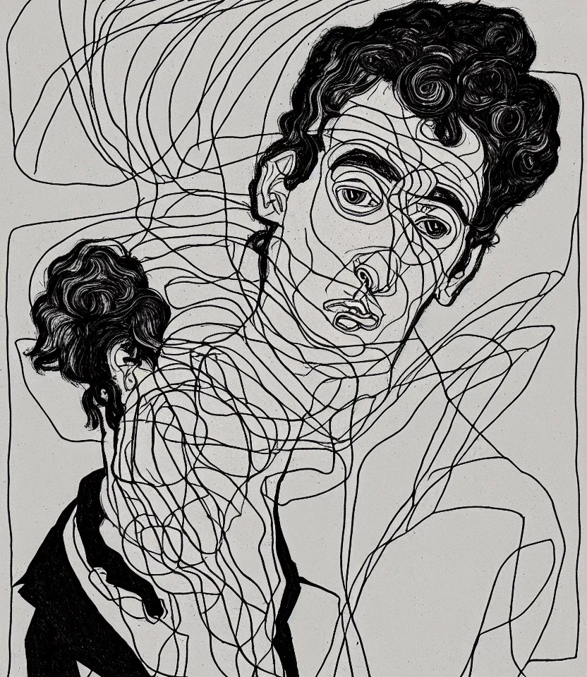 Prompt: detailed line art portrait of charles baudelaire, inspired by egon schiele. caricatural, minimalist, bold contour lines, musicality, soft twirls curls and curves, confident personality, raw emotion