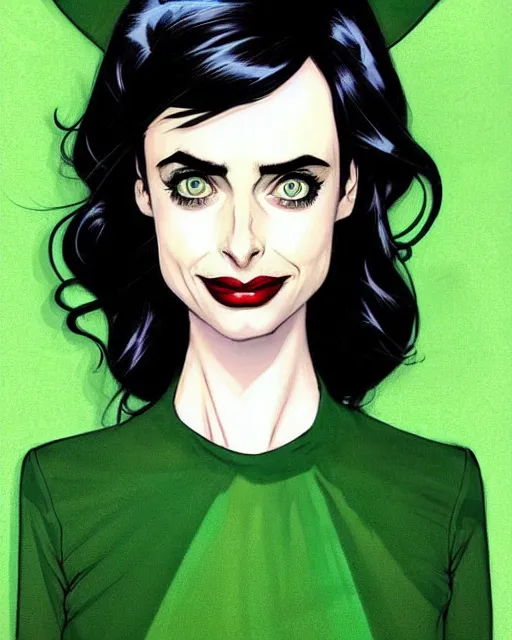 Image similar to beautiful witch Krysten Ritter, style of Joshua Middleton comic book art, Nick Dragotta comic art, black and green eyes, symmetrical face, symmetrical eyes, scary smile, full body, dark green dress