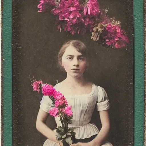 Prompt: girl in 19th centuries dress sitting in flowers, polaroid