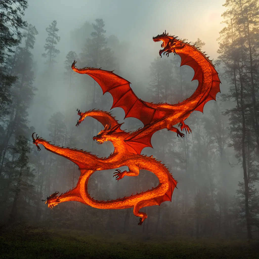 Image similar to fire breathing dragon flying over foggy old forest near small pond, very detailed, 4 k, professional photography