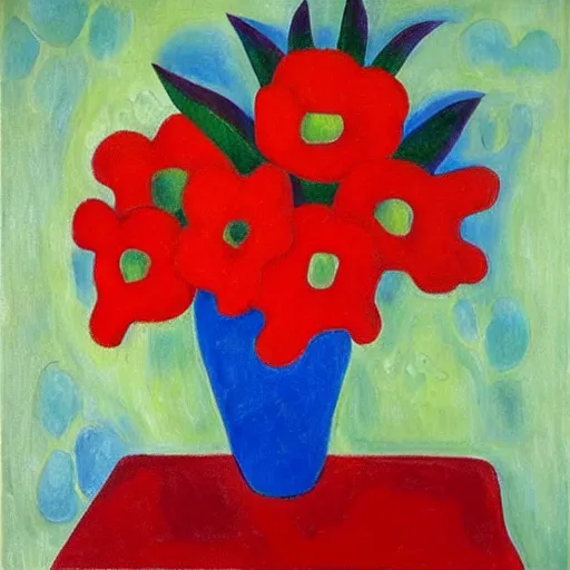 Image similar to a painting of red flowers in a blue vase, a gouache by tarsila do amaral, pinterest contest winner, fauvism, fauvism, oil on canvas, acrylic art