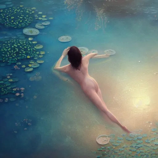 Prompt: Woman with light blue melancholic eyes submerged in a pond underwater while lily pads surround the area, illustrated by Greg Rutkowski and Gaston Bussiere, overhead shot, big closeup shot, serene and peaceful style, mellow sky blue lighting, vibrant neon colors, radiant atmosphere, trending on artstation, 4k, 8k