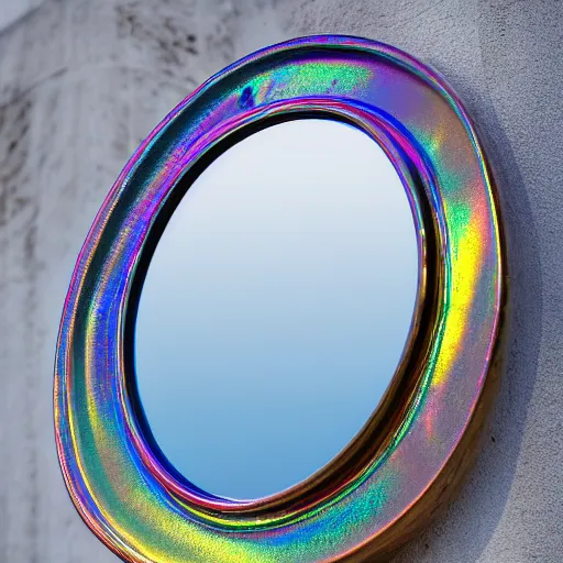 Image similar to beautiful iridescent metal mirror face, smooth, reflections, proud, looking away, outdoor, blue sky, 8 k, realistic, highly detailed, award winning photography