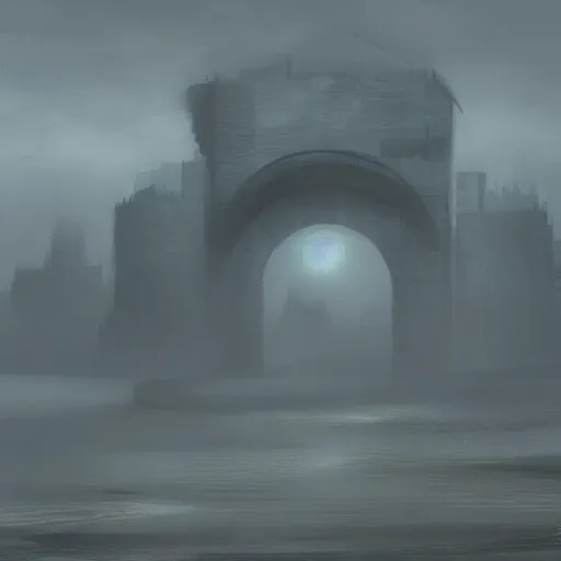 Prompt: digital concept art of a giant structure in the fog