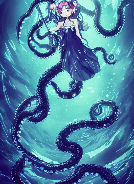 Image similar to A full shot of a Kawaii sea creature from the Abyss made of opals and oil wearing a black dress made of serpents and crystal. Fully Clothed. Under Water. Shallow Depth of Field. Tilt Shift. Symmetrical. Deepsea photography. Dark foreboding Atmosphere. Sailor Moon. Tentacles. Kawaii. Caustic refraction. Demon Horns, Angel Wings, By Lisa Frank and Giger and Ruan Jia and Artgerm and Range Murata and WLOP. Key Art. Fantasy Illustration. award winning, Artstation, intricate details, realistic, Hyperdetailed, 8k resolution.