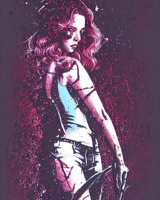 Prompt: scarlett johannson as the final girl, slasher, horror, high details, intricate details, by vincent di fate, artgerm julie bell beeple, 1 9 9 0 s, inking, vintage 9 0 s print, screen print