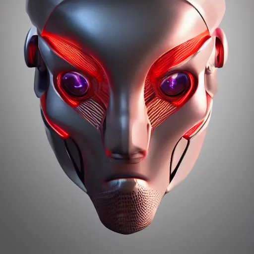 Image similar to sophisticated portrait of glowing, warm, sharp edges, sleek contours, textured, reddish, atmospheric, misty, leds, futuristic cybernetic warrior alien in profile, highly intricate, detailed humanoid, trending on artstation