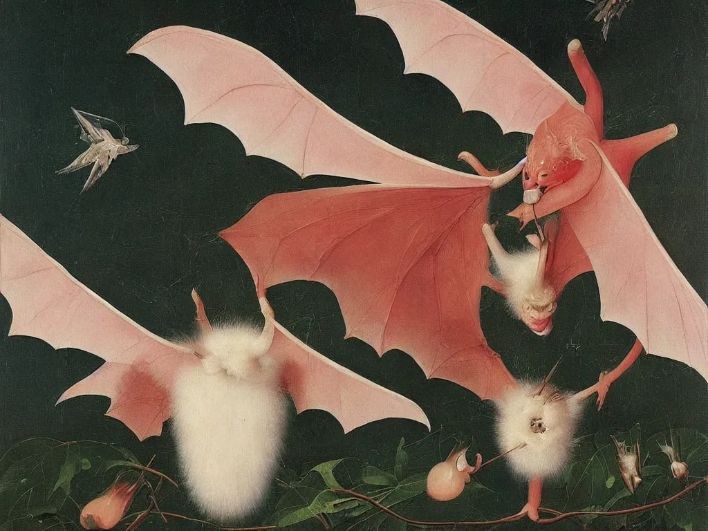 Image similar to beautiful exotic white fluffy bat, long antennae, pink eye. Painting by Jan van Eyck, Bosch, Audubon, Rene Magritte, Agnes Pelton, Max Ernst, Walton Ford