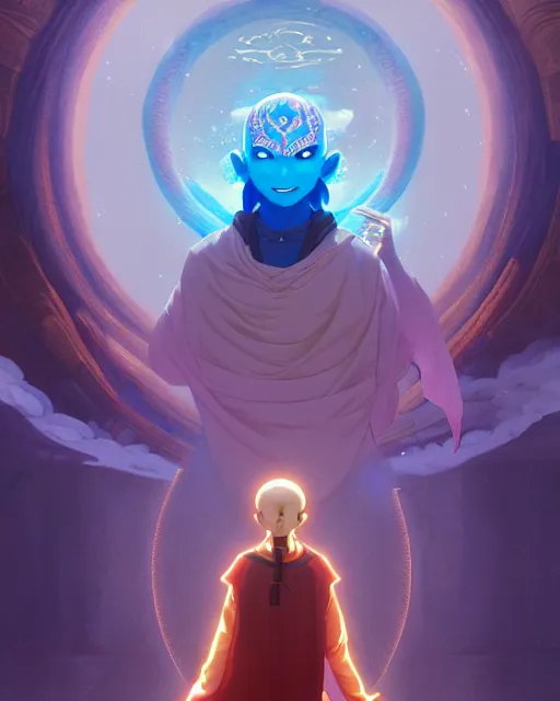 Image similar to highly detailed surreal vfx portrait of a sacred avatar last air bender, stephen bliss, unreal engine, greg rutkowski, loish, rhads, beeple, makoto shinkai and lois van baarle, ilya kuvshinov, rossdraws, tom bagshaw, alphonse mucha, global illumination, detailed and intricate environment