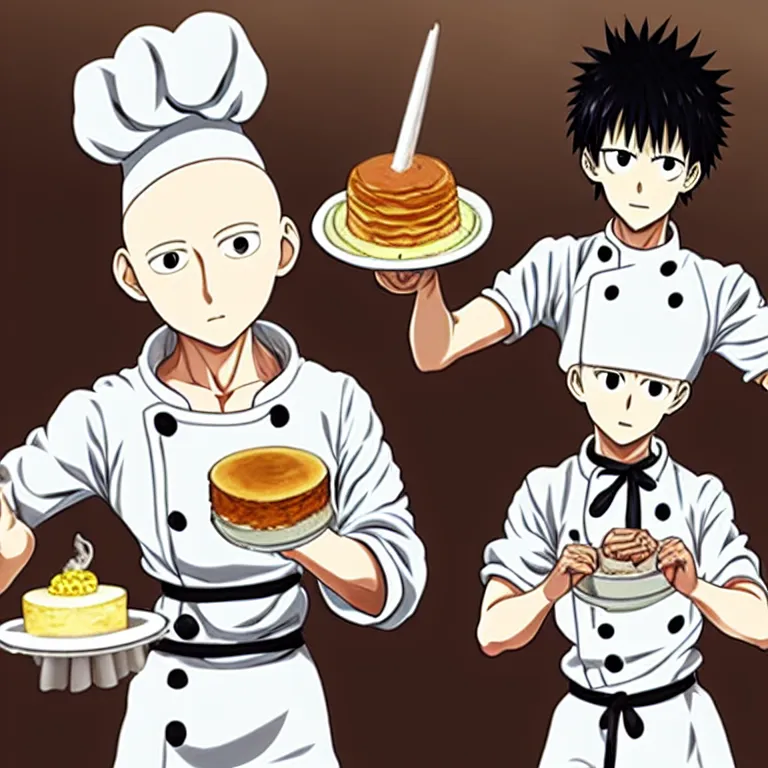 Image similar to chef saitama one punch man, dressed as a pastry chef, making a cake, anime artwork