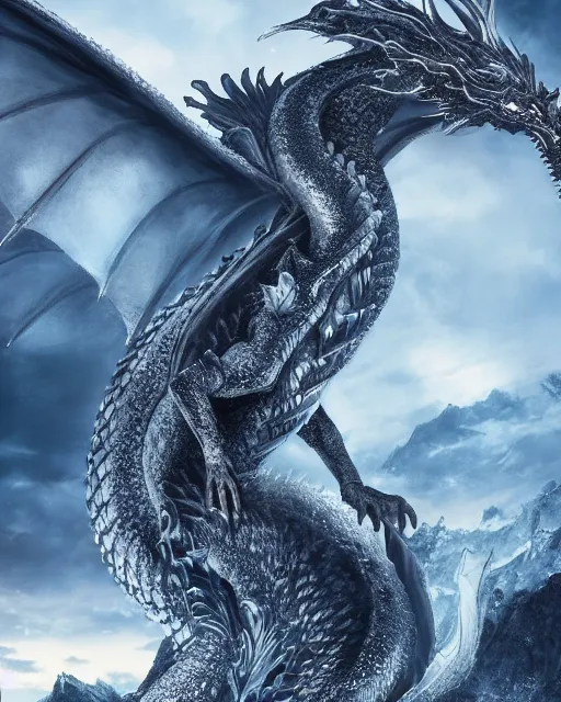 Image similar to giant ice dragon standing on a mountain, highly detailed, 4 k, hdr, award - winning, directed by zack snyder, trending on art station, matte