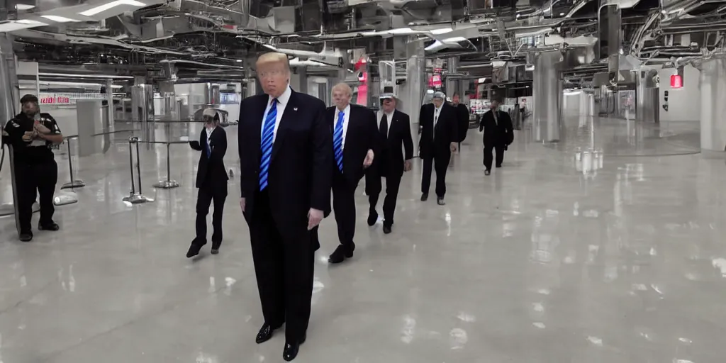 Image similar to ultra wide angle photo of donald trump dressed as a janitor walking silently past security guards, security guards