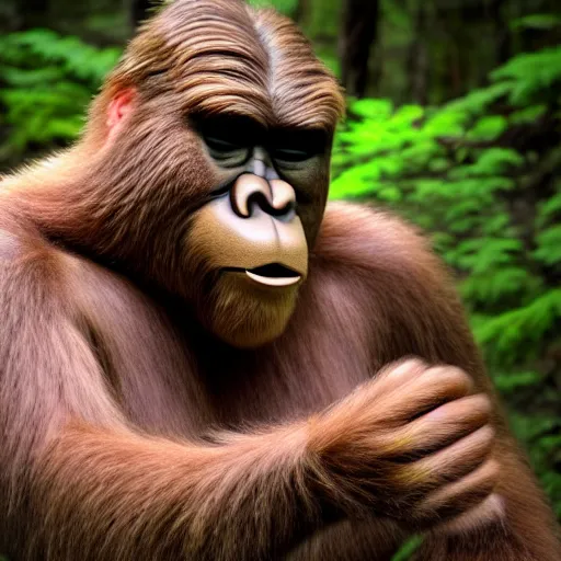 Prompt: bigfoot holding a tickle in his hand, color photograph, nature photograph, national geographic, 4 k.