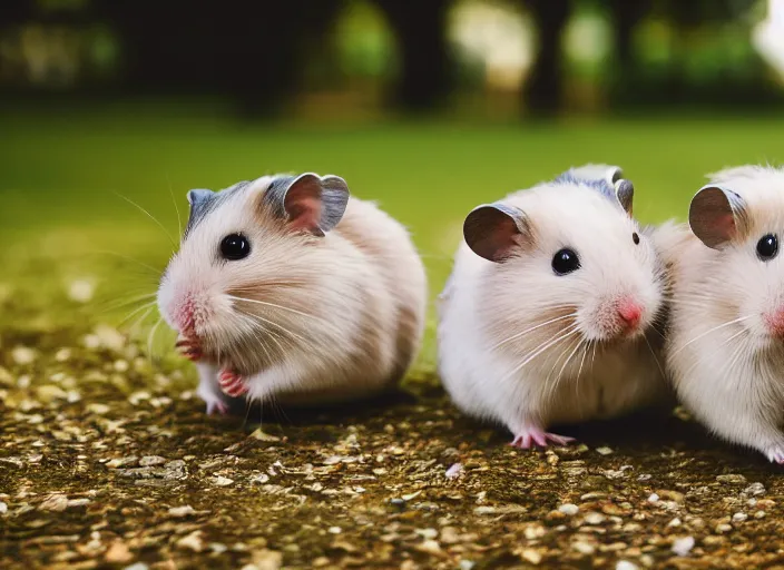 Image similar to photo of a hamsters walking in a park, cinematic color grading, various poses, soft light, faded colors, well framed, sharp focus, 8 k