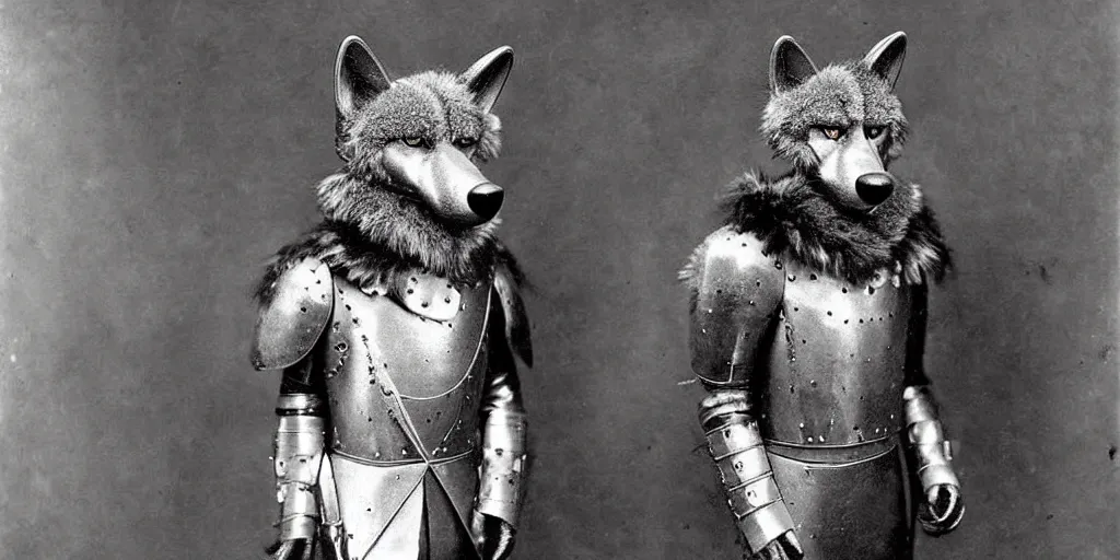 Image similar to anthropomorphic furry wolf in suit of armor, 1900s photograph