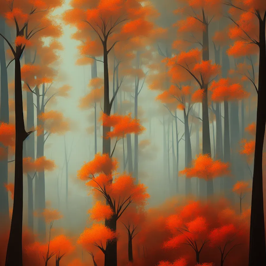 Prompt: Goro Fujita ilustration a forest in autumn perfectly illuminated with near and distant trees, tall and straight trees, separated from each other, painting by Goro Fujita, sharp focus, highly detailed, ArtStation