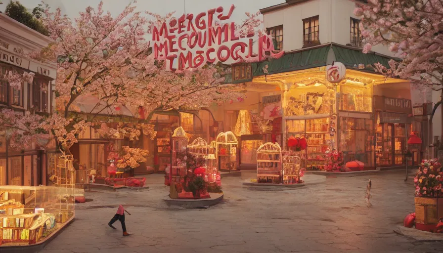 Image similar to a Wes Anderson 35mm film still of a very surreal magic bookshop with a miniature mountain city inside , golden hour, falling cherry blossom pedals, in the style of Gucci, glowing warm lights and floating lanterns, foggy atmosphere, rainy, moody, muted colors, magic details, very detailed, 8k, cinematic look, octane render, psychedelic,