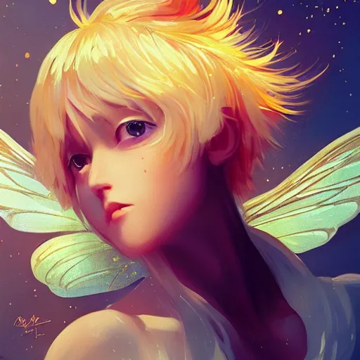 Prompt: pixie fairy character with golden glowing wings, elegant, highly detailed, digital painting, artstation, concept art, sharp focus, illustration, strong brush stroke, anime, sharp focus, ghibli studio, art by ilya kuvshinov, rossdraws