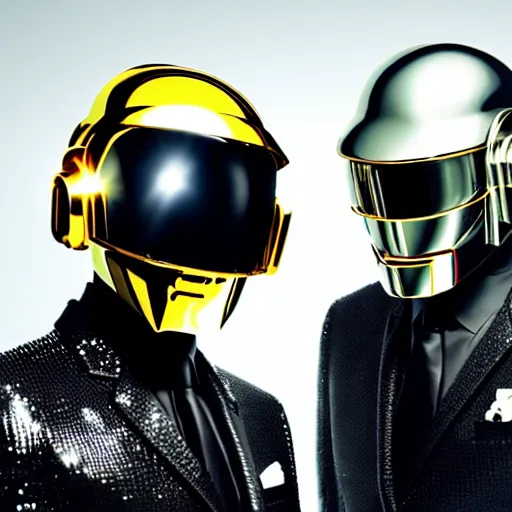 Prompt: daft punk wearing cool cyber helmets