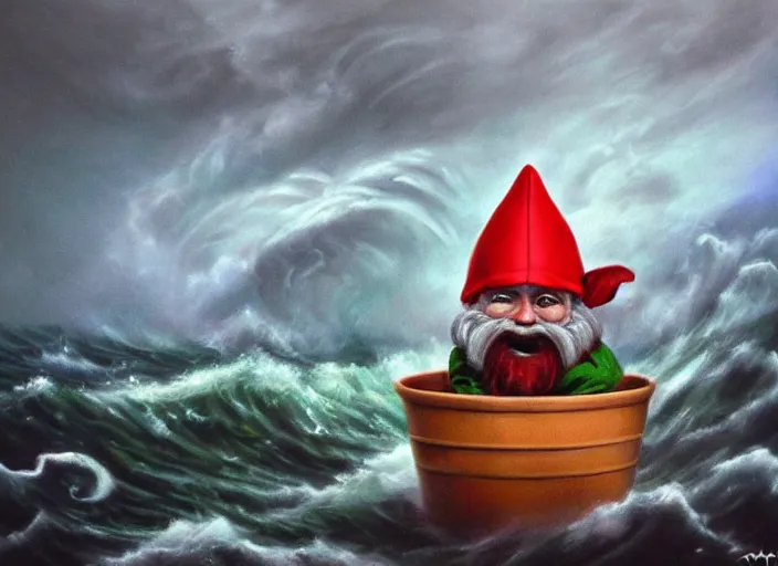 Image similar to a terrified garden gnome sailing in a bucket, background of raging ocean on a stormy with dramatic clouds, an ultrafine detailed painting by mark ryden, trending on deviantart, pop surrealism, whimsical, lowbrow, danger, perfect symmetrical face