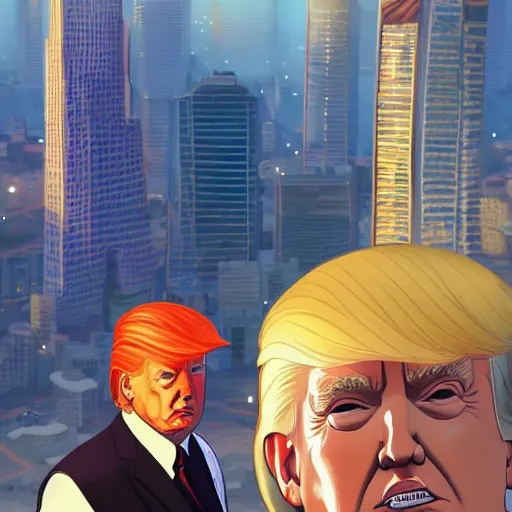 Image similar to ⁠portrait of Donald Trump, Karachi skyline background, rich vivid colors, ambient lighting, dynamic lighting, 4k, HQ, official media, anime key visual, makoto shinkai, ilya kuvshinov, lois van baarle, rossdraws, detailed, trending on artstation