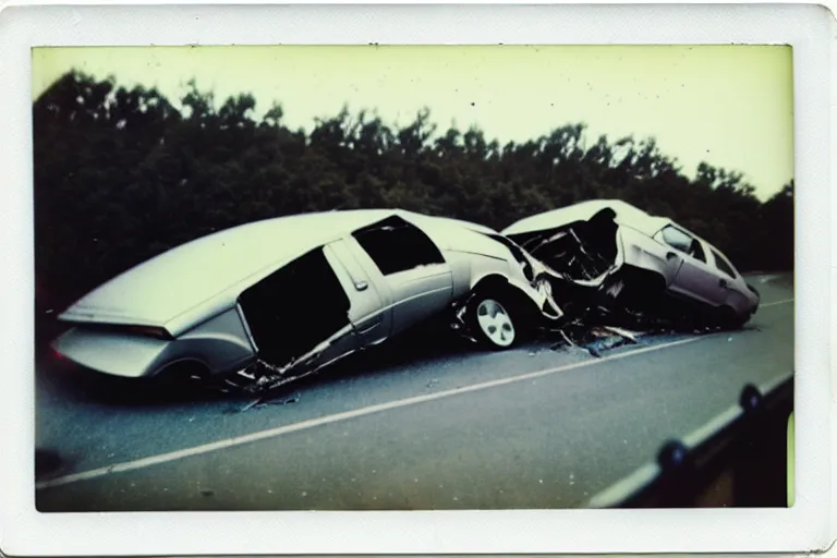 Prompt: old polaroid of a retro futurist car crash, people on the road