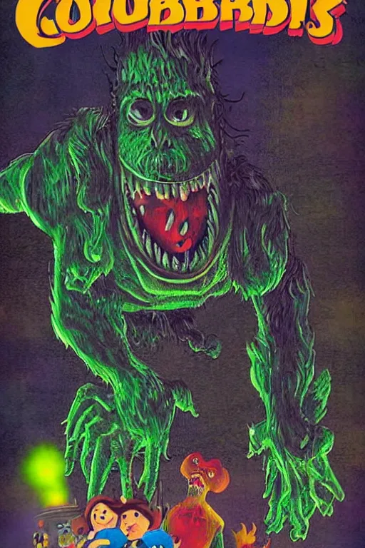 Prompt: Goosebumps book cover art of a giant creepy cartoonish monster at a theme park