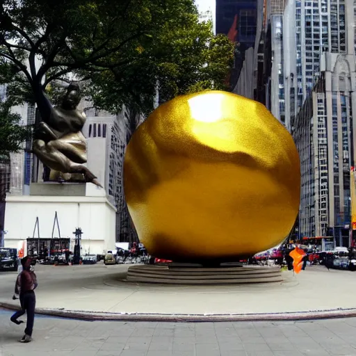 Prompt: huge golden burger statue in new york, photo