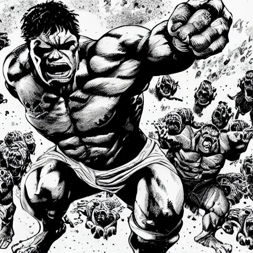 Prompt: detailed matt painting of hulk fighting an army of chickens