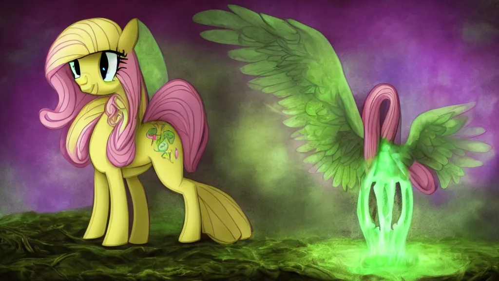 Image similar to Renaissance painting of Fluttershy from My Little Pony as a necromancer, standing over a tomb stone, bright green swirls coming up it, glowing aura around her, pitch black background, dramatic and colorful lighting, floating green chibi glowing skulls, smoke all around, insane special effects, 4k, HDR, camera angle looking up at her from the ground, bones lying on the ground, inside a crypt, skeletons rising from the dead, artwork, gothic style, detailed feathers, detailed faces with large eyes and pupils