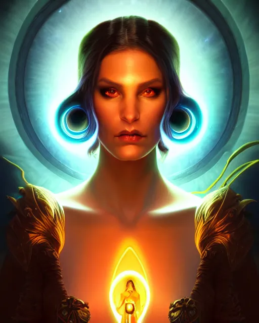 Image similar to epic fantasy render portrait of a beautiful bioluminescent woman with glowing eyes, dark retrowave, highly detailed, digital painting, cinematic, hyperrealism, rpg portrait, dynamic lighting, art by boris vallejo and julie bell and magali villeneuve and alphonse mucha, artstation, octane render, cgsociety