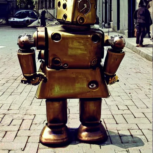 Prompt: steampunk robot walking his dog on the street in the style of frank frazetta