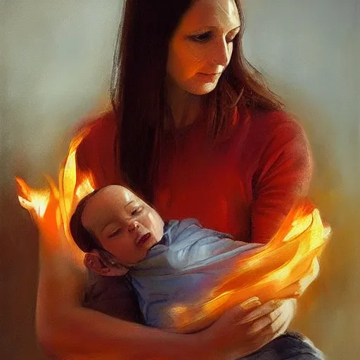 Image similar to beautiful woman cradling her child made of fire by stefan kostic, elegant, realistic, loving