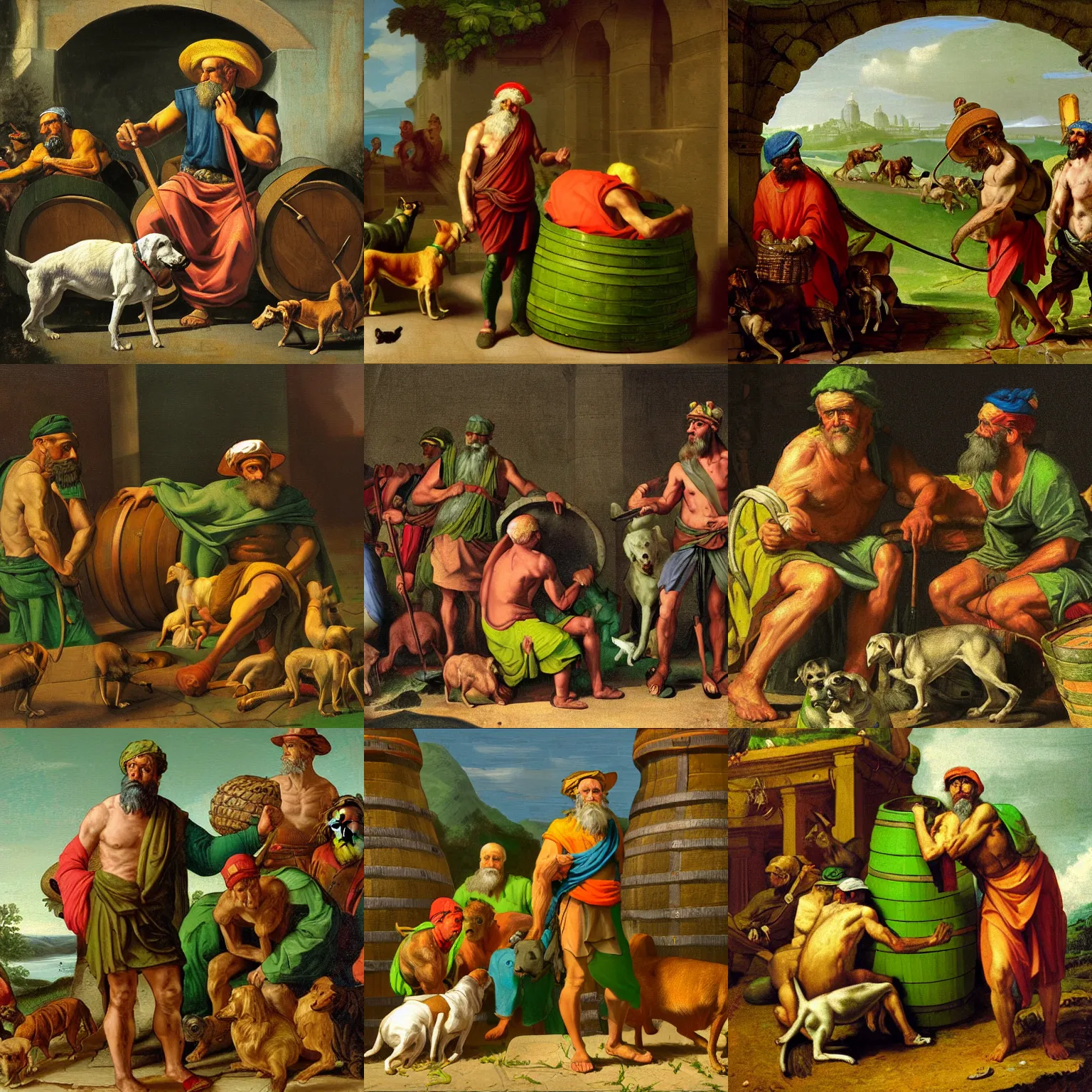 Prompt: Diogenes wearing a bright green cap while thinking in his barrel, surrounded by dogs, highly detailed, digital painting