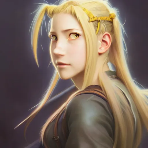 Prompt: Winry Rockbell from Fullmetal Alchemist, fantasy, intricate, elegant, highly detailed, digital painting, artstation, concept art, matte, sharp focus, illustration, art by Artgerm and Greg Rutkowski and Alphonse Mucha