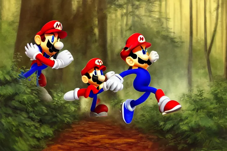 Prompt: Mario chasing Sonic the Hedgehog through the woods with a chaisaw and a hockey mask in the style of Friday the 13th, oil painting, very realistic, forest setting, evil, gritty, featured on artstation