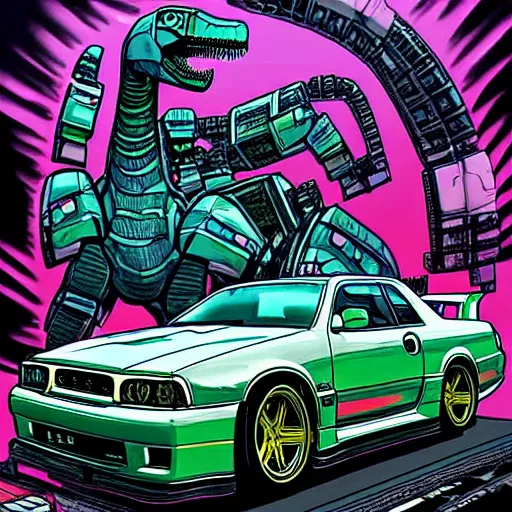 Prompt: hyper-detailed full colour comic illustration of a titan mecha dinosaur holding a nissan skyline r34, cyberpunk, neon, car wreck