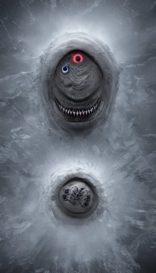 Image similar to a storm vortex made of many demonic eyes and teeth, with vray