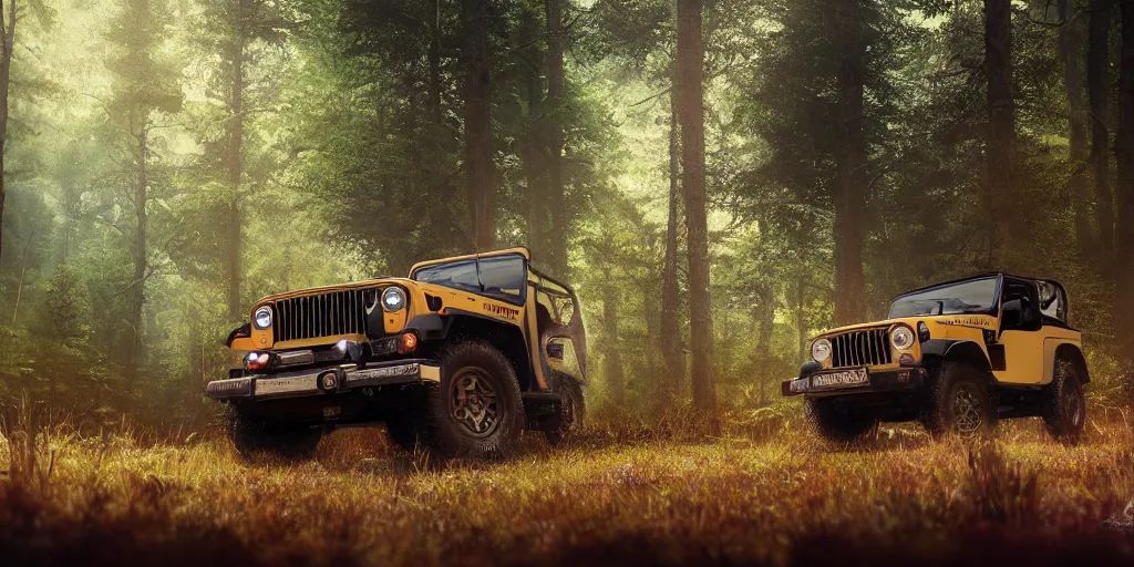 Image similar to Mahindra thar, in the forest, plants environment, wide angle, cinematic lighting, atmospheric, realistic, cinematic, octane render, highly detailed, color graded, in the style of simon stalenhag