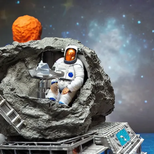 Prompt: a space admiral steering an asteroid, space backdrop, everything made of papier - mache canon 5 d 5 0 mm lens, diorama,