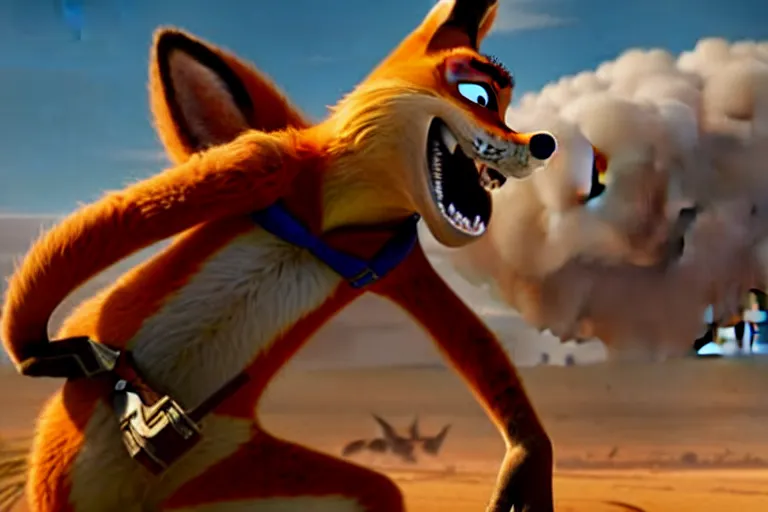 Image similar to nick wilde ( from zootopia ), heavily armed and armored facing down armageddon in a dark and gritty reboot from the makers of mad max : fury road