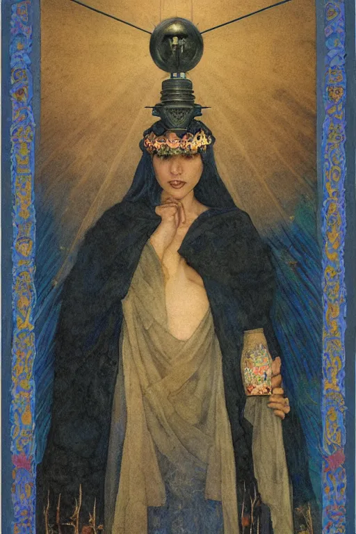 Prompt: portrait of the last goth witch of the dawn mountains with her lantern and regalia, by Annie Swynnerton and Nicholas Roerich and John Bauer and John William Godward and Donato Giancola and Vermeer, embroidered velvet, iridescent beetles, rich color, ornate headdress, flowing robes, lost runes, ancient civilizations, dramatic cinematic lighting, featured on Artstation, extremely detailed