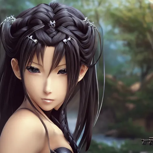 Prompt: a very beautiful anime princess, Tifa Final Fantasy, long braided curly black hair, twisted braids, silver watery eyes, full round face, short smile, cute bikini, serene beach setting, cinematic lightning, medium shot, mid-shot, highly detailed, trending on artstation, Unreal Engine 4k, cinematic wallpaper by Stanley Artgerm Lau, WLOP, Rossdraws, James Jean, Andrei Riabovitchev, Marc Simonetti, and Sakimichan