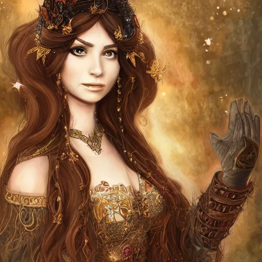 Prompt: A beautiful detailed portrait of a young beautiful female fantasy sorceress with fair skin and long dark brown hair dressed in ornate magical clothing by Kirbi Fagan, trending on artstation