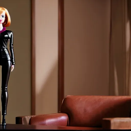 Image similar to amazing beautiful Christina Hendricks barbie doll wearing leather in the living room, film still from the movie directed by Denis Villeneuve , wide lens