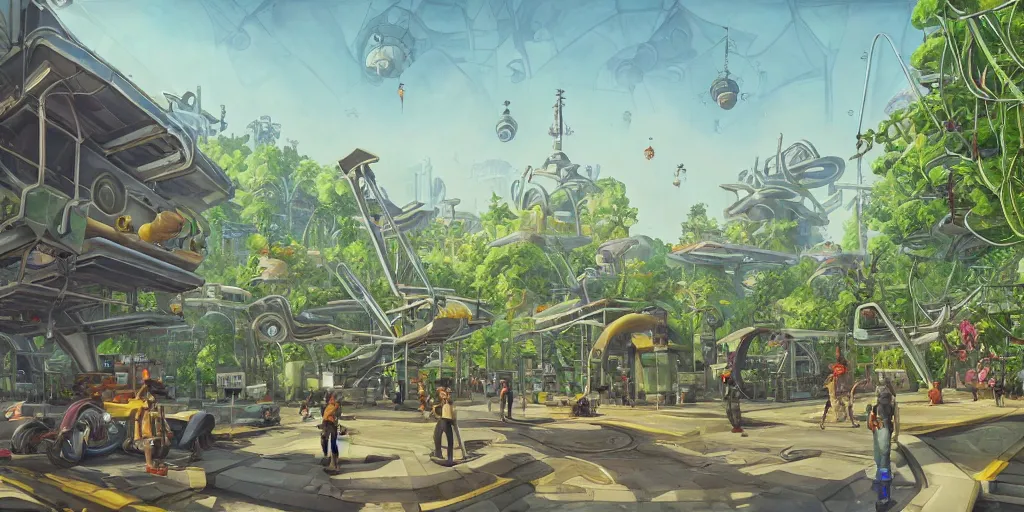 Image similar to overwatch building, stylized, exterior, architecture, in watercolor gouache detailed paintings, insanely detail, artstation, 8 k, futuristic, big medium small, arcane, simon stalenhag, food stall, interesting shapes & form, golden ratio, megastructures, in the middle of crowded jungle, forest, plant, ivy vines