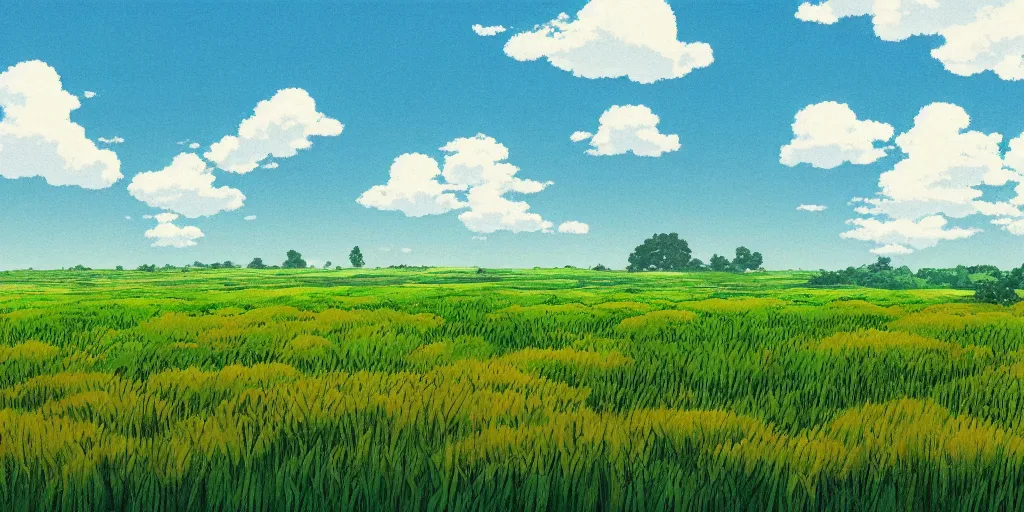 Image similar to an open wheat field, studio ghibli landscape