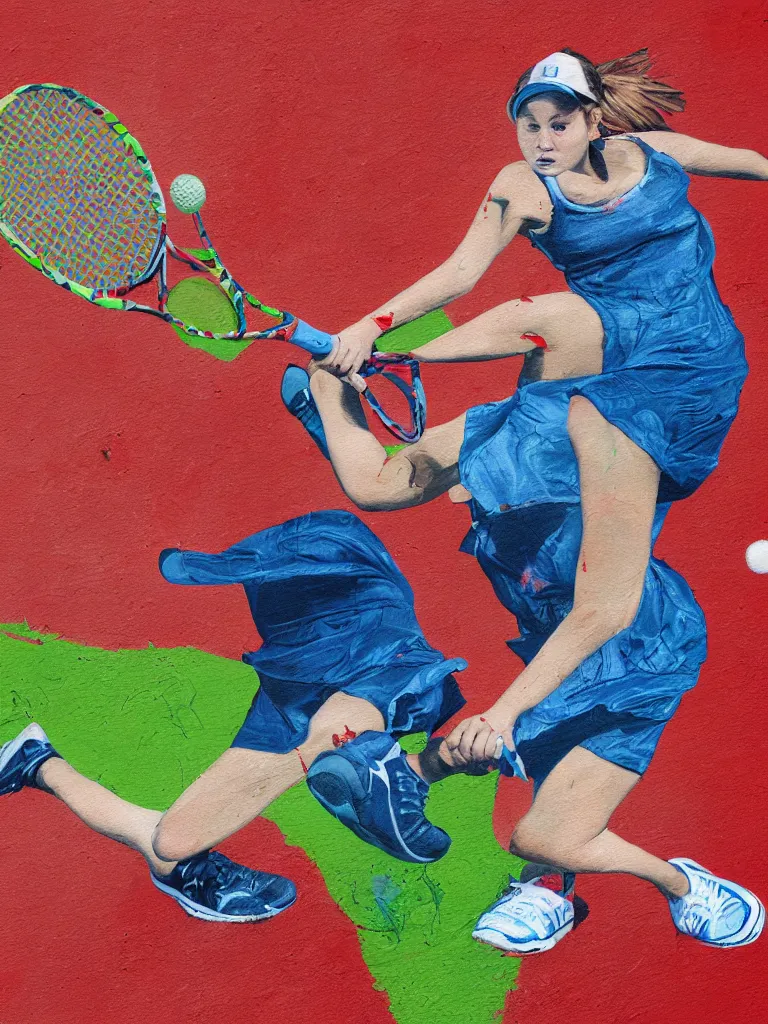 Prompt: cut and paste stickers painting of a young adult women playing tennis, retro, grass, tennis shoes, blue background, blood stains on shirt, blood on tennis court, bleeding audience, illustration, traditional drawing style, dramatic mood, textured canvas, highly detailed, fine art, melancholic art, oil pastels, 8 k render octane high definition cgsociety