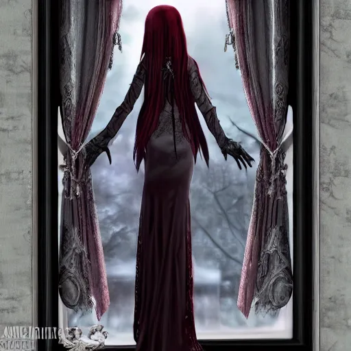 Image similar to elegant pale vampire girl stands by a window of a gothic mansion looking outside, by anne stokes, highly detailed, artstation, high resolution, gothic, gloomy